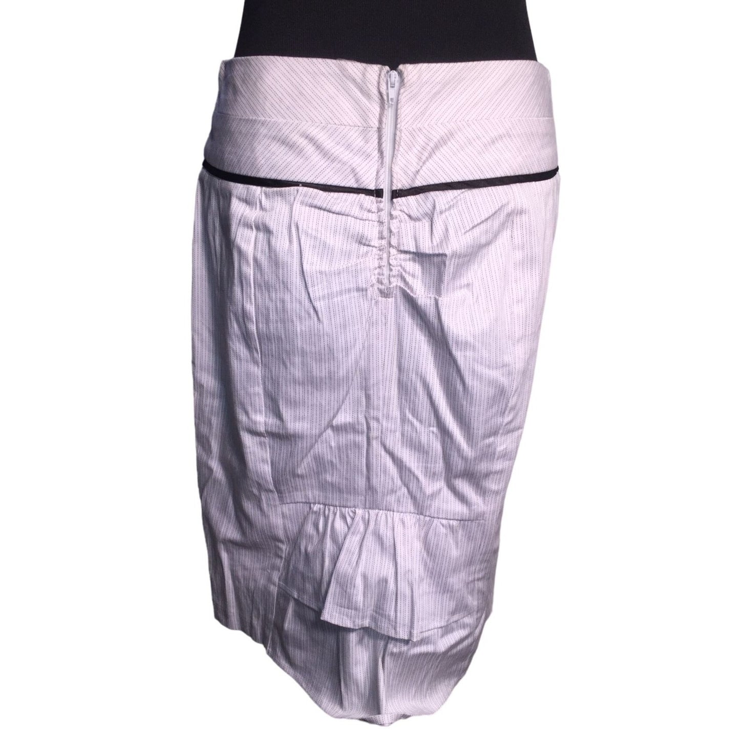 Takara White Pinstripe Skirt with back Ruffle - Approx. 20" from Waist to Hem