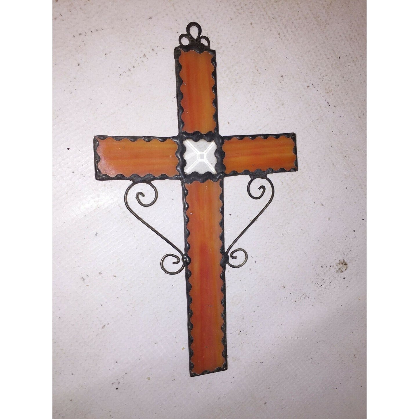 STAINED GLASS and Metal CROSS Sun Catcher Orange White 9" BY 5.25"