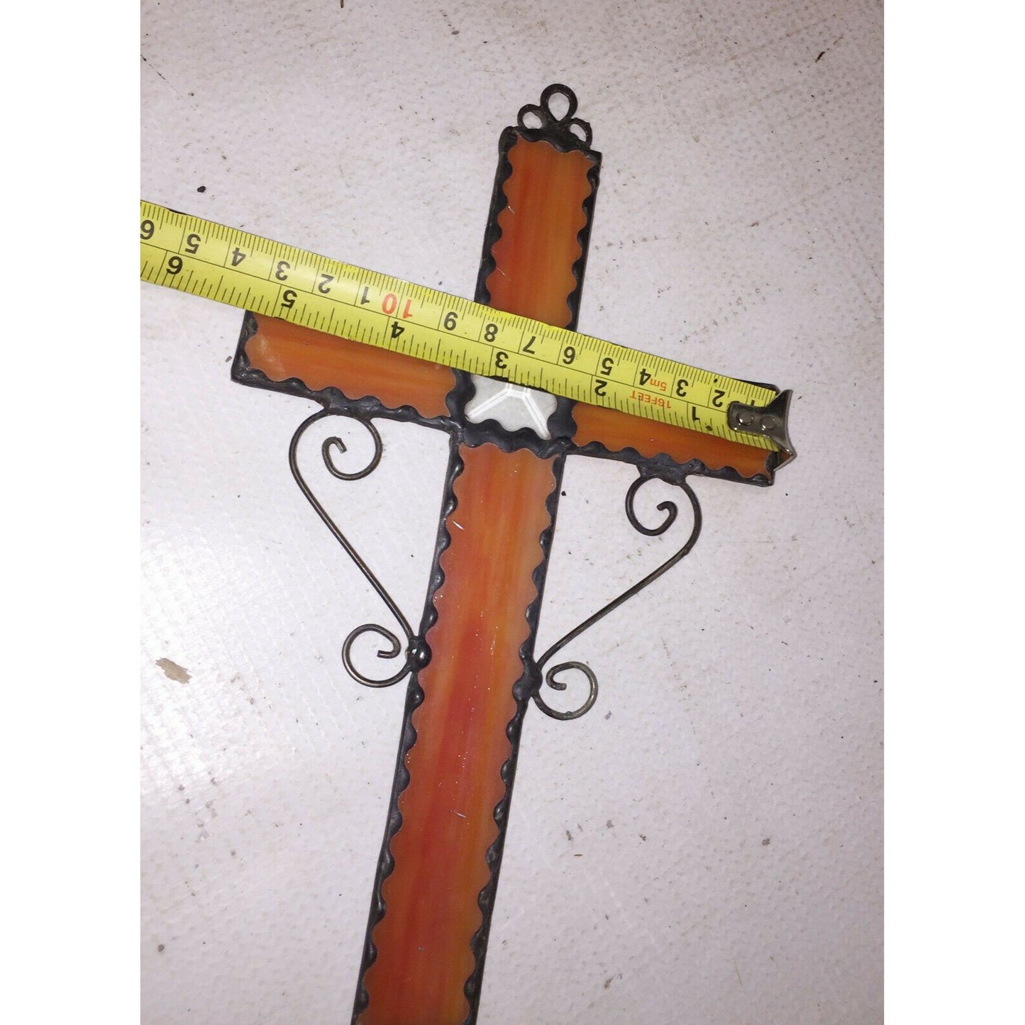 STAINED GLASS and Metal CROSS Sun Catcher Orange White 9" BY 5.25"