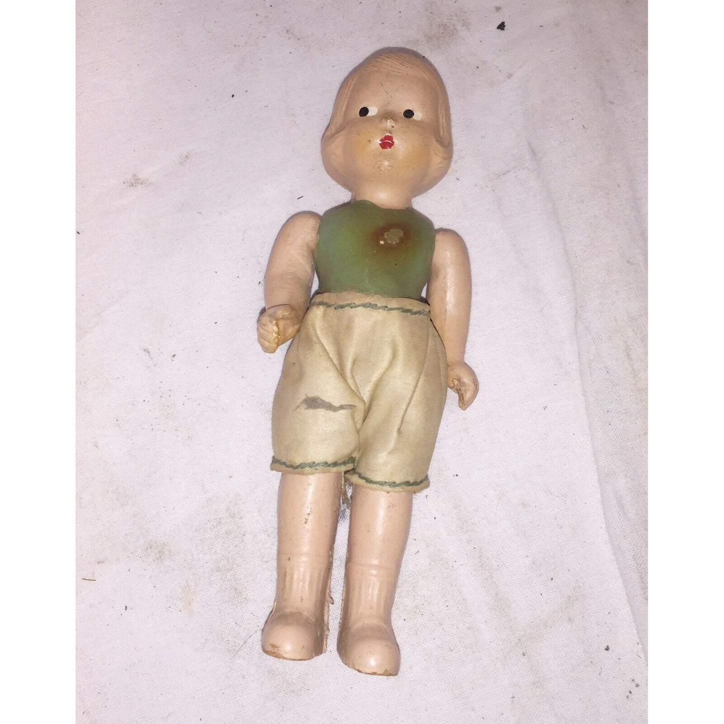 6" Antique BISQUE Doll w Pursed Lips Green Body Satin Shorts Cute