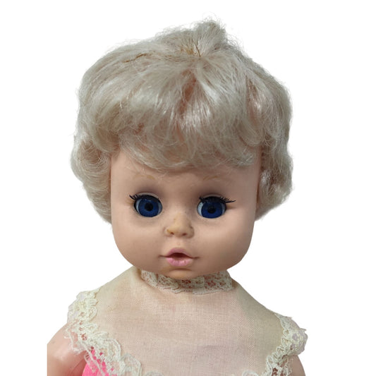 Big Eyed Vintage Baby Doll in Pink Polka Dot Outfit - Short Blonde Hair - Sweet Face