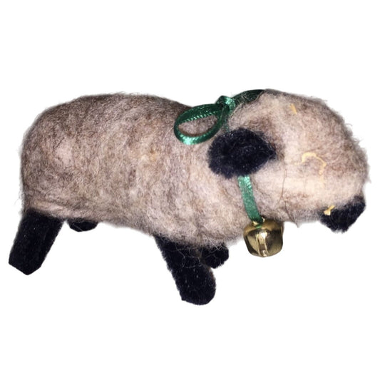 Brownish Dark Wool Sheep with Black Accents - Green ribbon and bell  Handmade