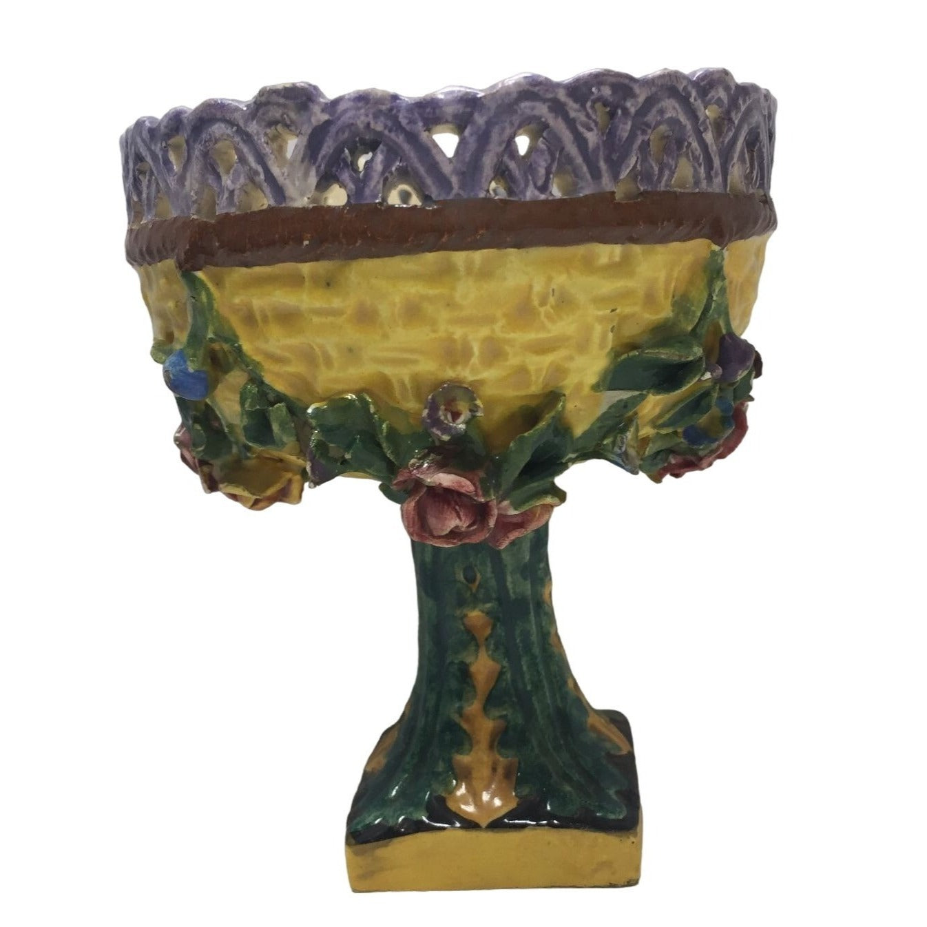 Vintage Pedestal Compote from Italy Sculpted Flowers on Outer Bowl