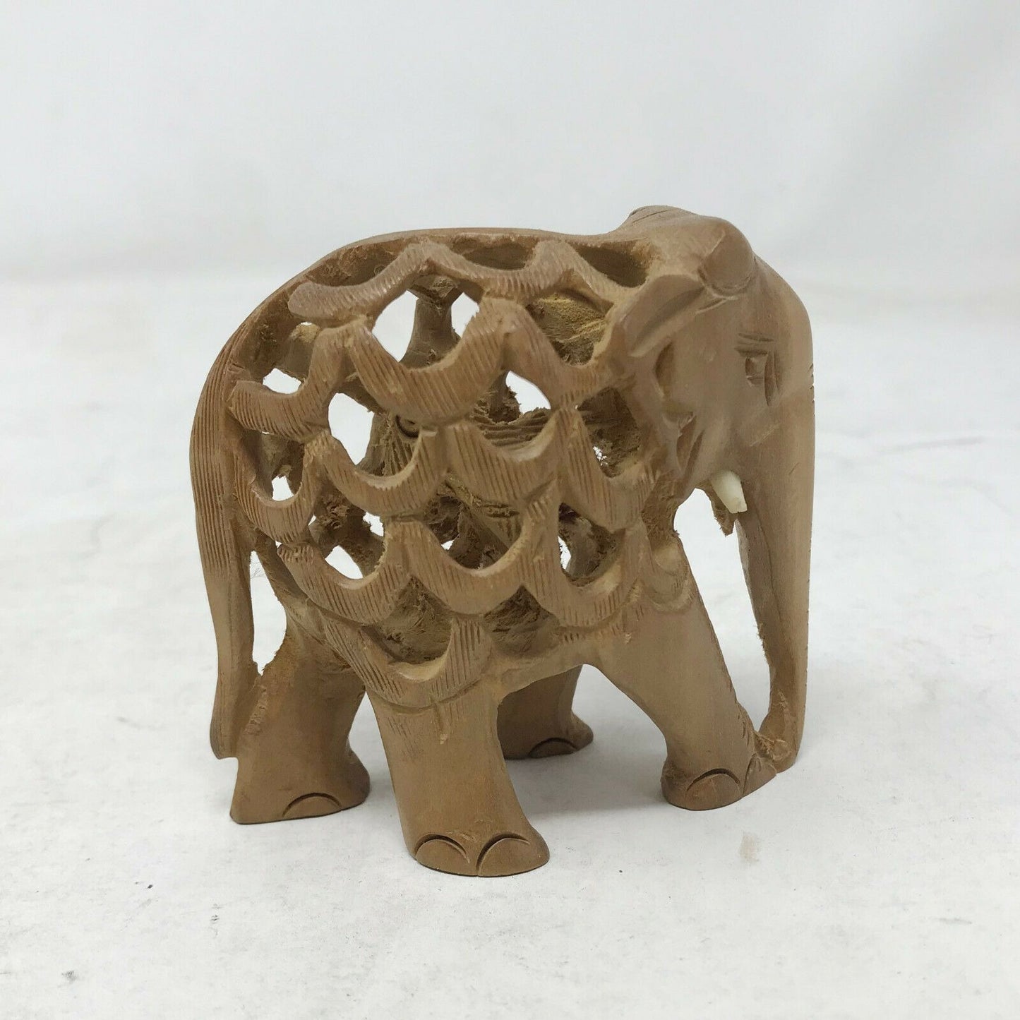 Wooden Hand Carved Elephant with Baby in Lattice Work Stomach