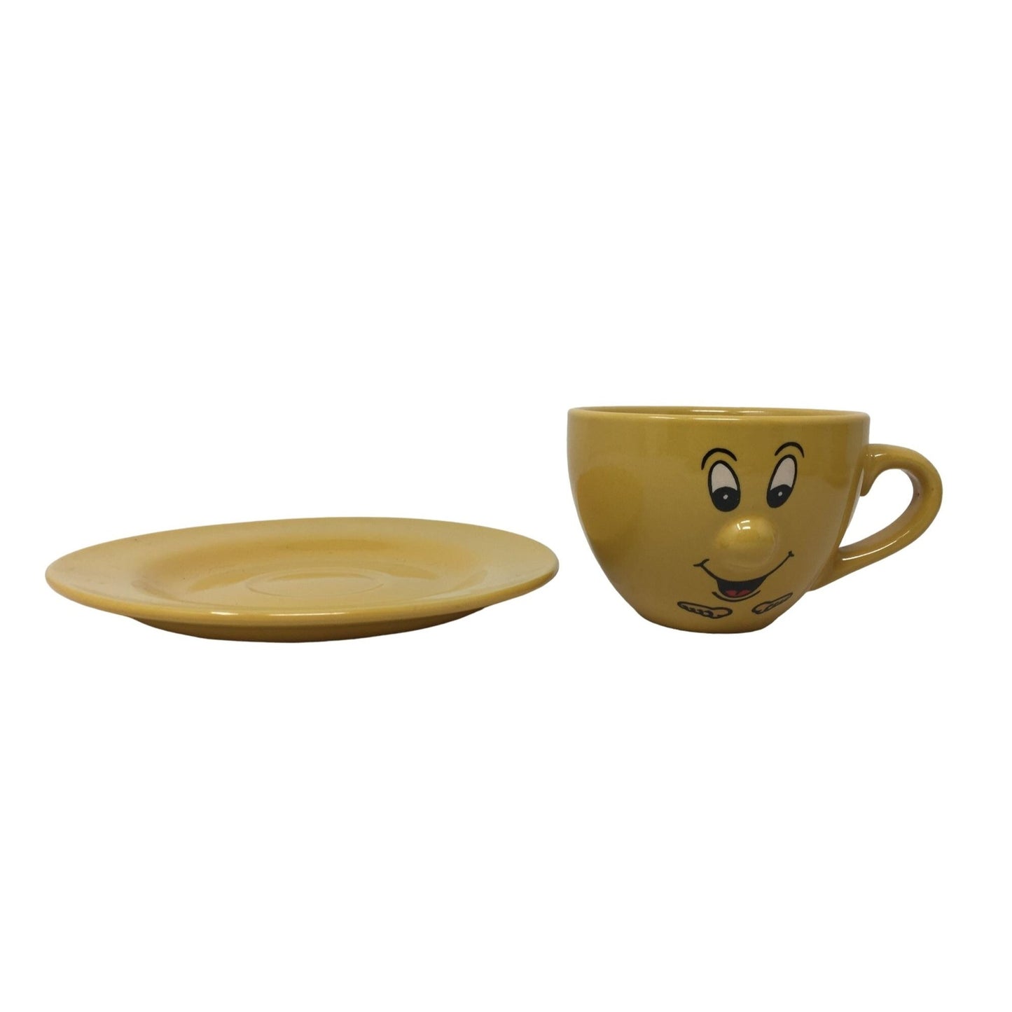 Vintage Mustard Yellow Smiling Face Cup and Saucer Set - 3d Nose - Cute Features