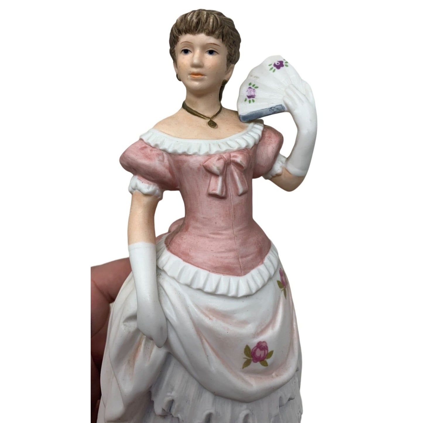 Victorian Woman with Fan "Shall We Dance?" Brown Hair with Pink and White Dress 8" Tall