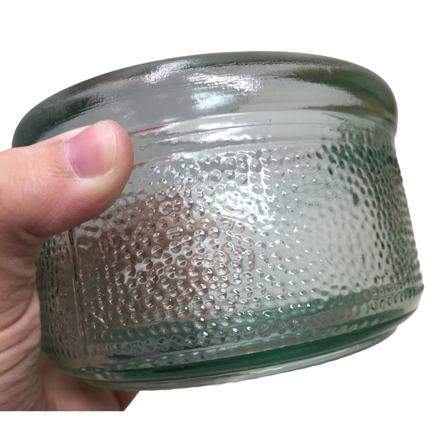 Textured Greenish Glass Jar for Candles or trinkets etc  4.5" wide 3" tall