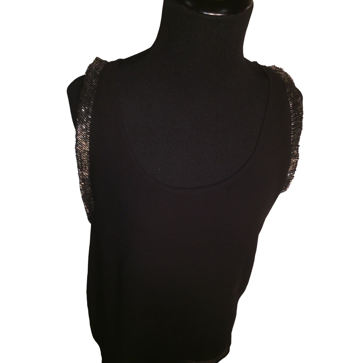 Black Sheer Tank Top Shirt NWT Shiny beaded edges at Sleeves Size Small