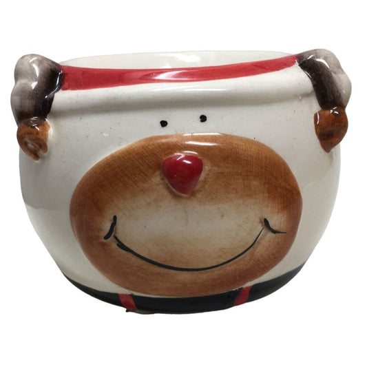 Cute Holiday Reindeer Planter or Candle Holder - Smiling Face and Red Nose -