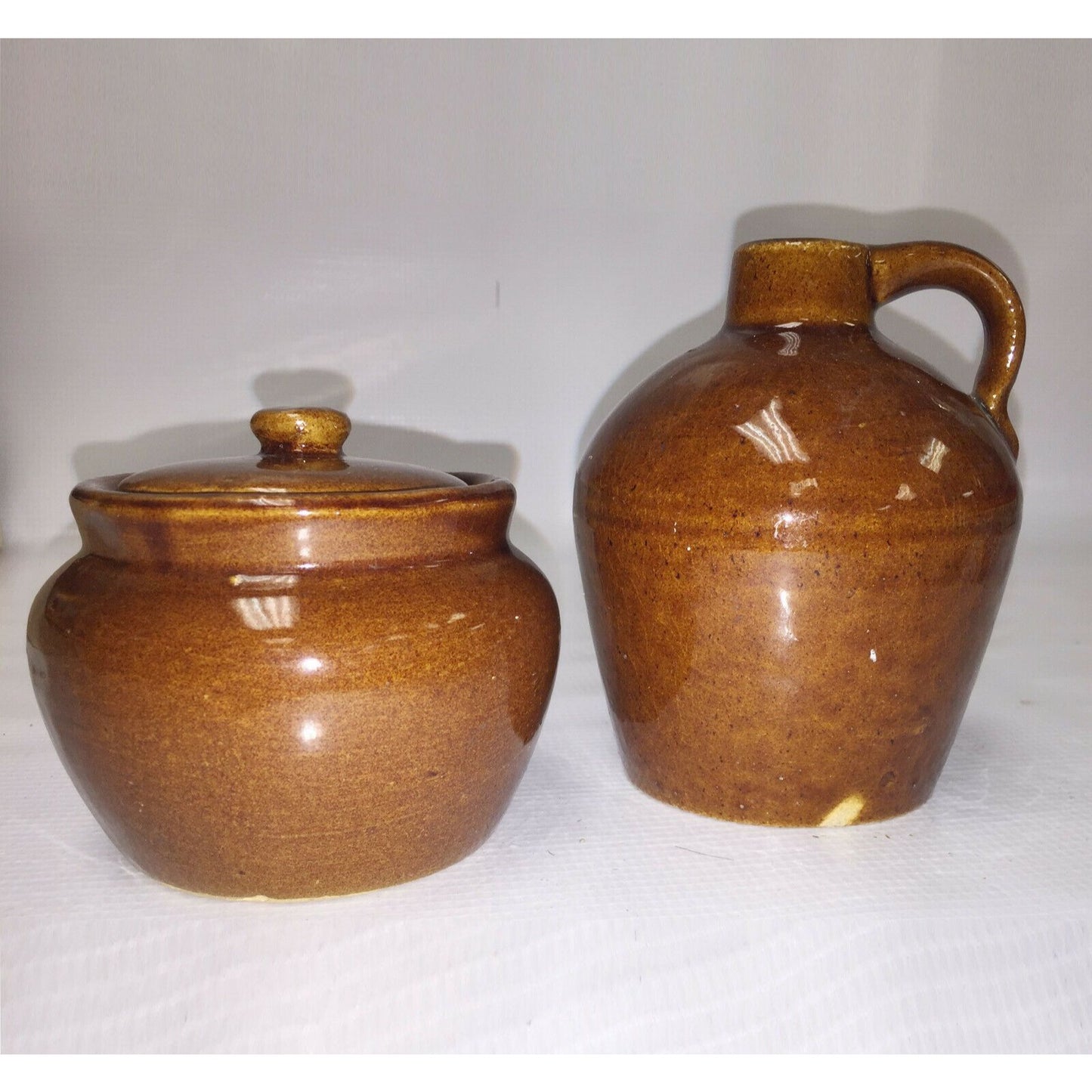 Vtg STONEWARE Set JUG and LIDDED CROCK Brown w Gloss Glaze Jar