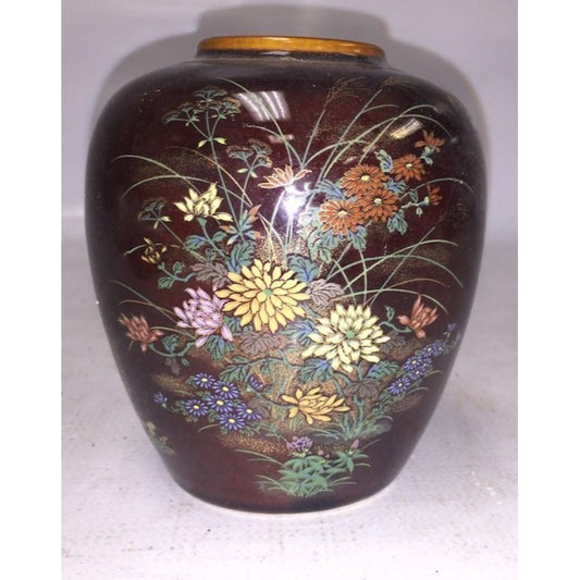 Japanese Brown Jar with pretty floral design handpainted on - metallic looking and colored paint on shiny brown finish