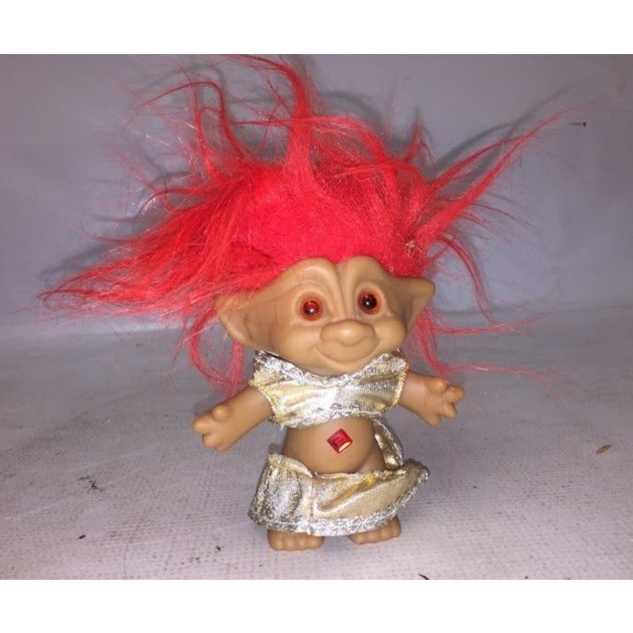 Disco Troll! Red haired troll - gem in belly - metallic looking crop top and skirt - Ace Noelty co - 5 in tall