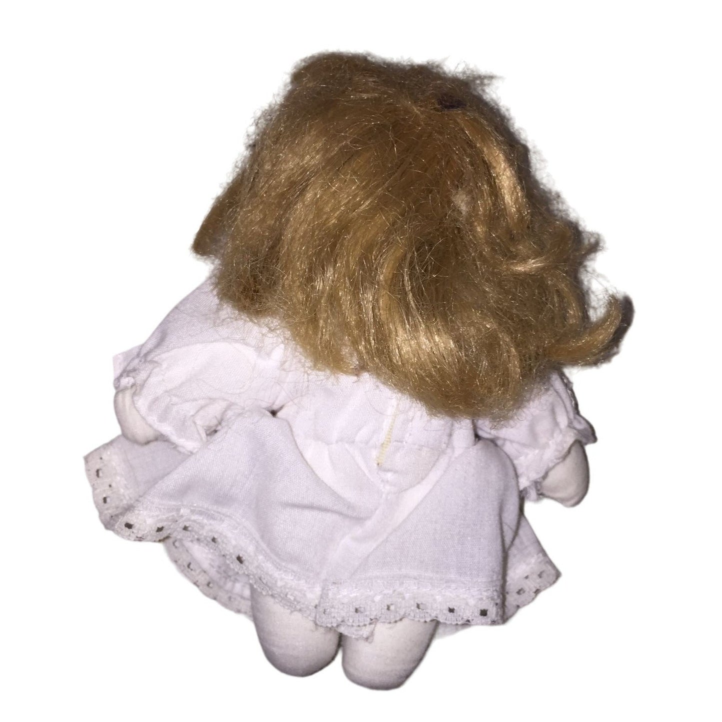 Small Companion Doll for a Larger Collectible Doll Ash Blonde Hair and white lace trimmed dress