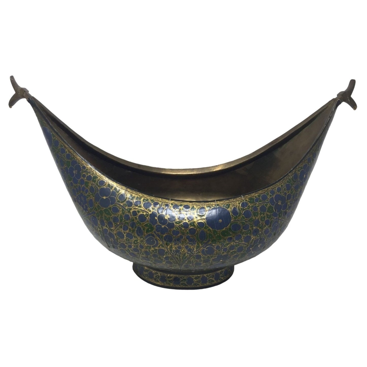 Large Vintage Kashmiri Beggars Bowl made in Kashmir India - Beautiful Blue Green Design