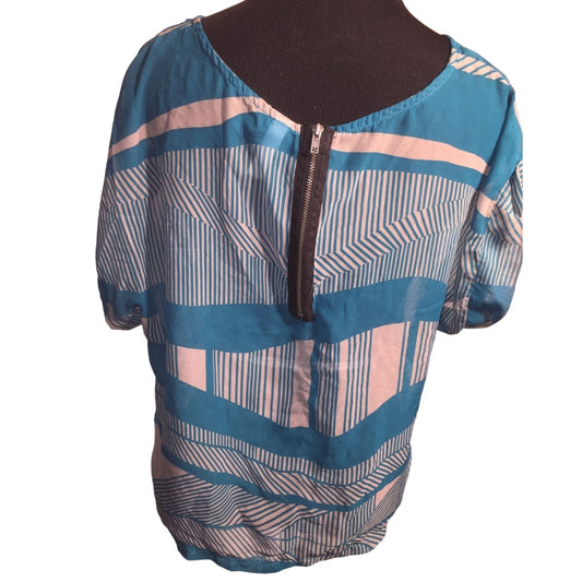 Exhilaration Womens Teal and Beige Blouse with Geometric Patterns Size M