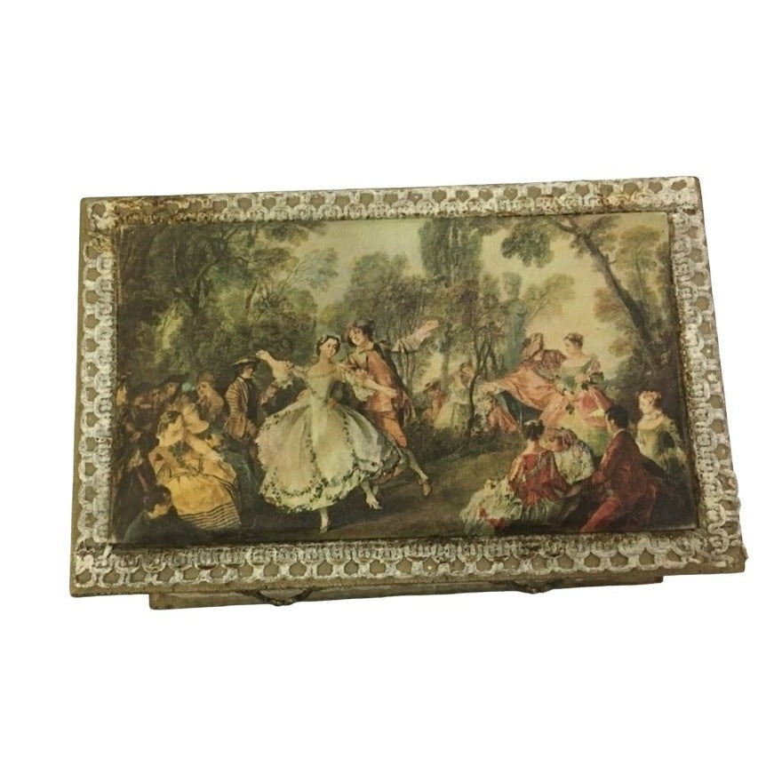 Vintage PRESTIGE Japan Jewelry box with renaissance scene on lid - beautiful old jewelry box - approx 8" wide and 5" tall