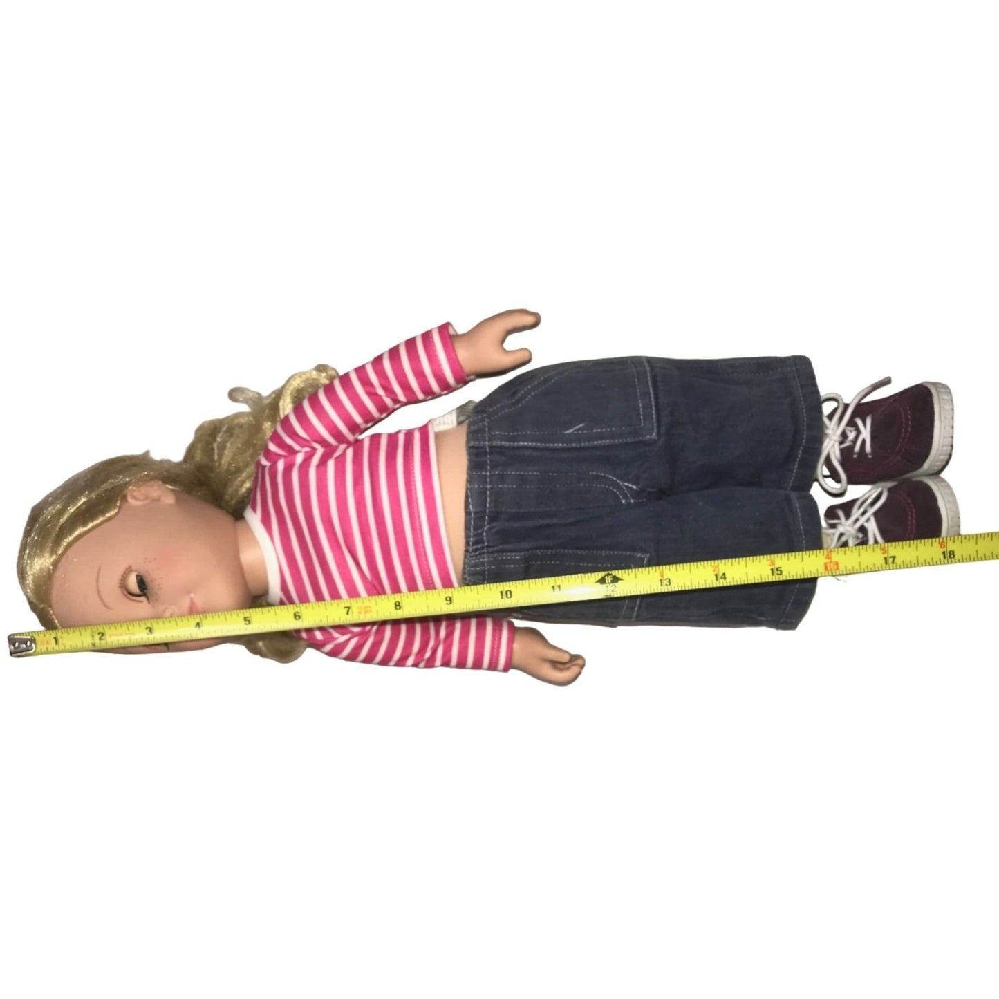 Blonde Doll with PInk and  White shirt,  Cabbage Patch denim pants and shoes - Cute fun Vinyl Doll