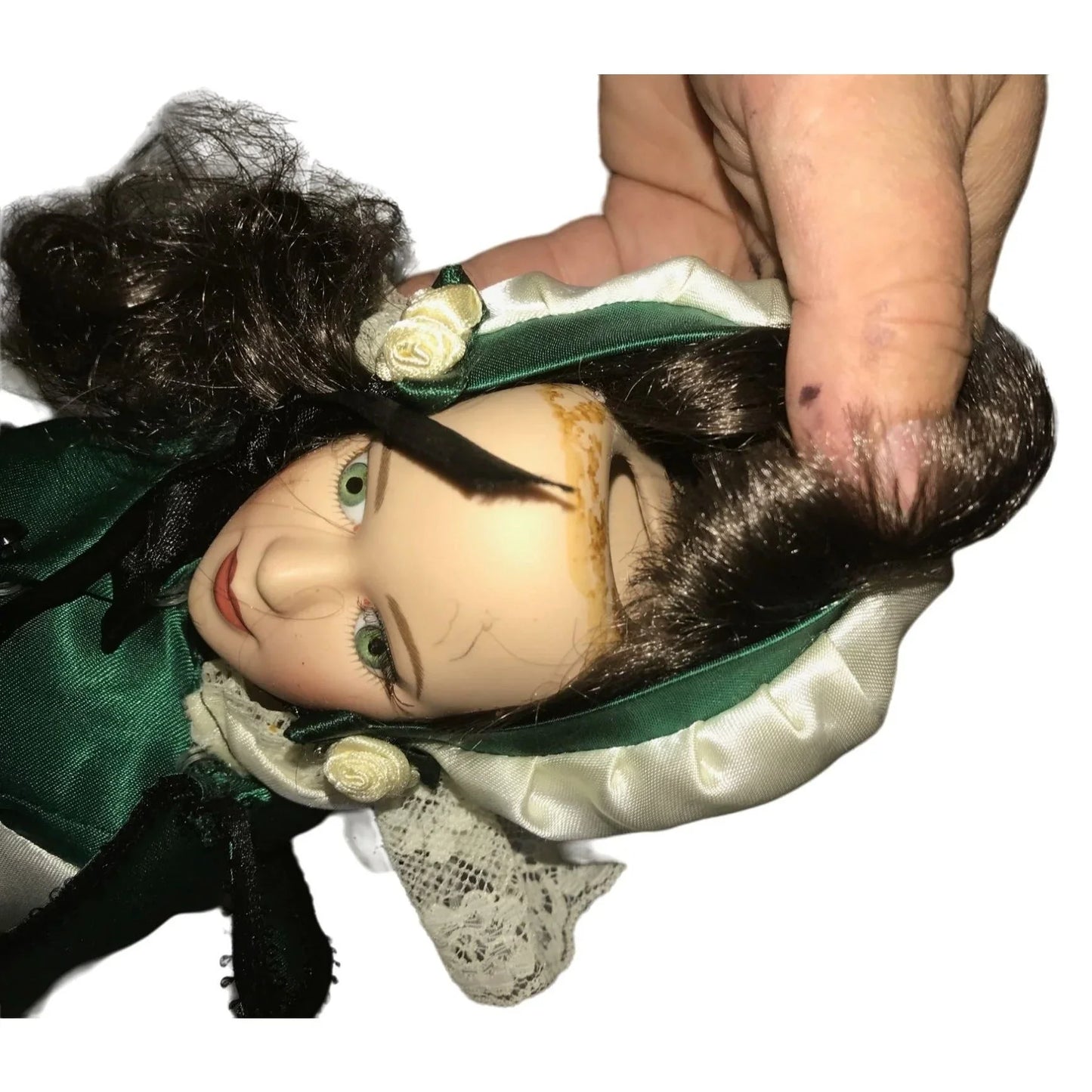 Royalton Collection 1998 porcelain doll - dark hair green silky dress - wig coming loose (need re-glued) - bright beautiful eyes - shoes pai Royalton Collection  A+ Stuff