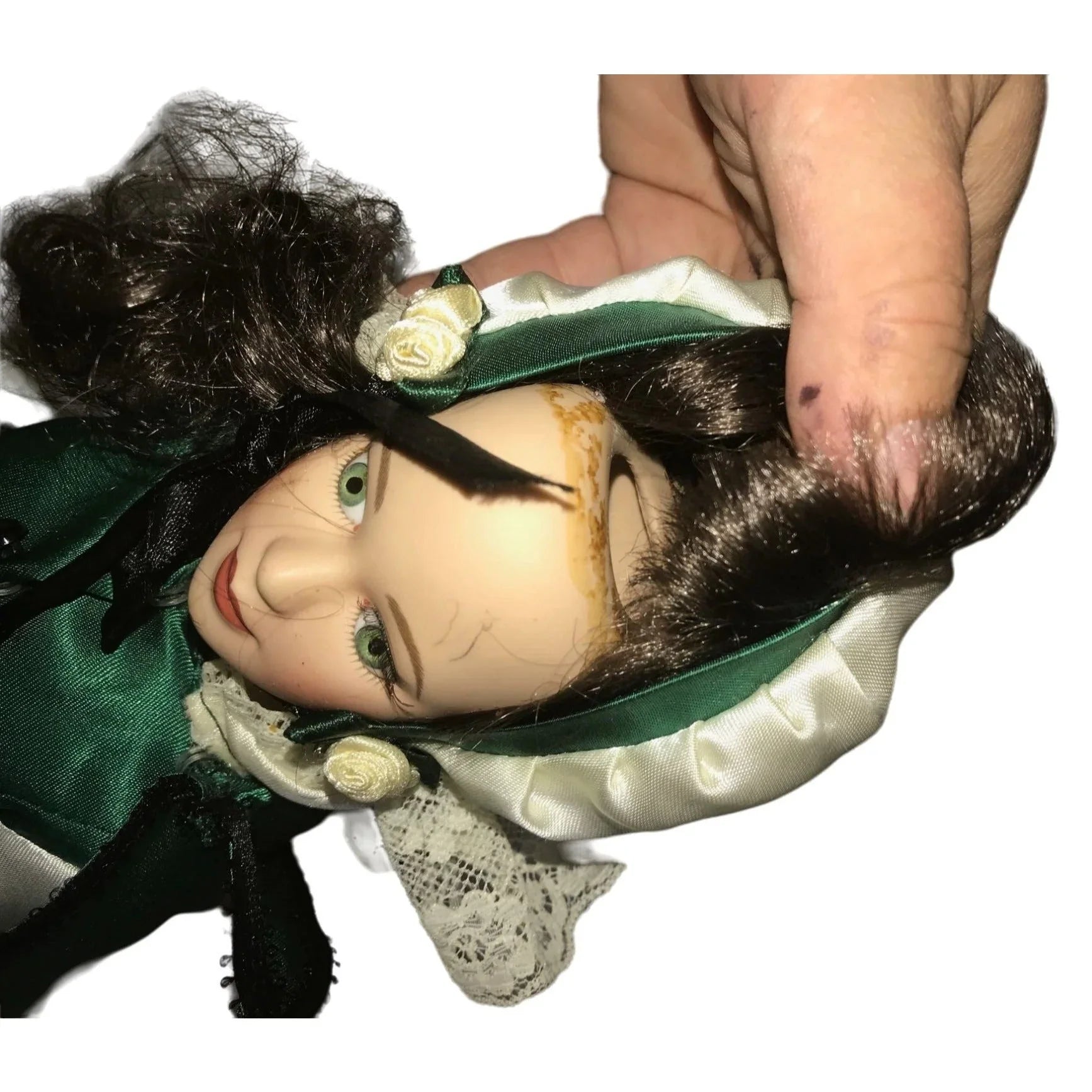 Royalton Collection 1998 porcelain doll - dark hair green silky dress - wig coming loose (need re-glued) - bright beautiful eyes - shoes pai Royalton Collection  A+ Stuff