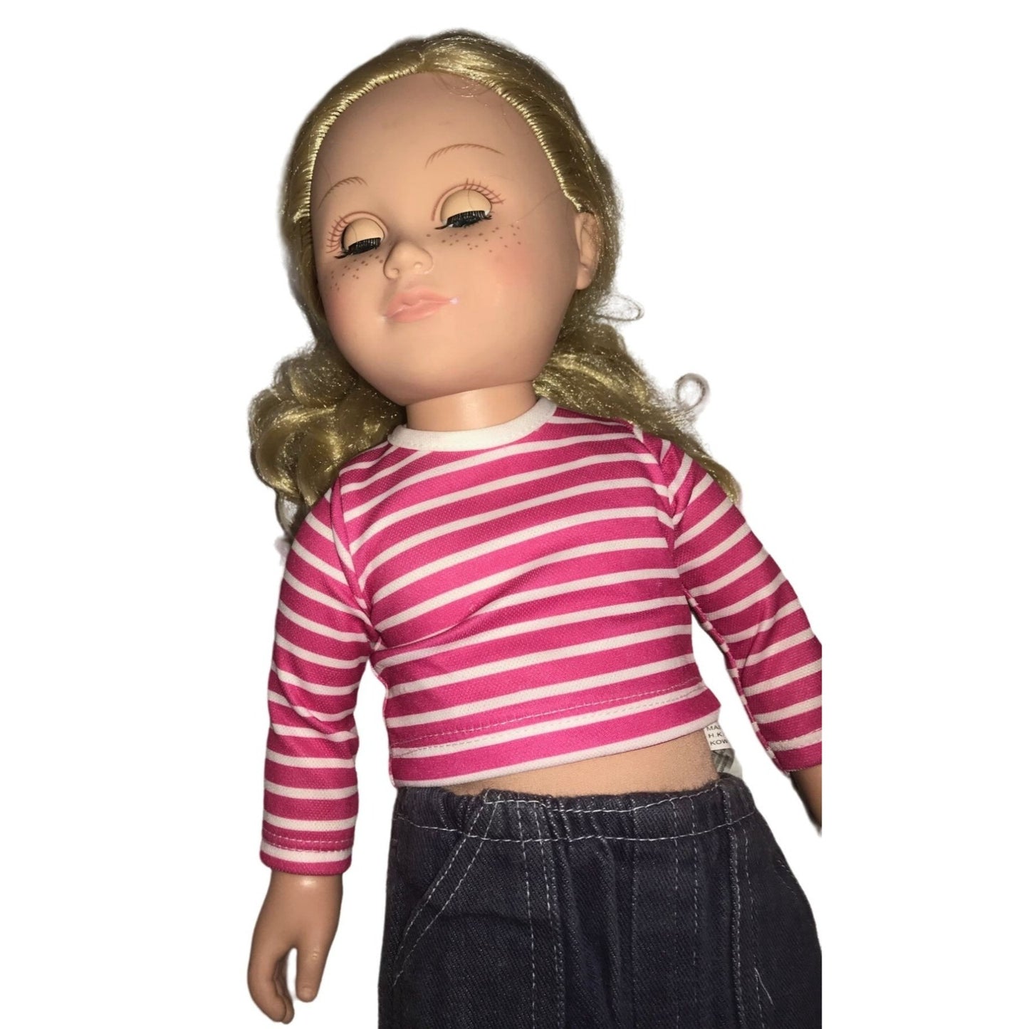 Blonde Doll with PInk and  White shirt,  Cabbage Patch denim pants and shoes - Cute fun Vinyl Doll