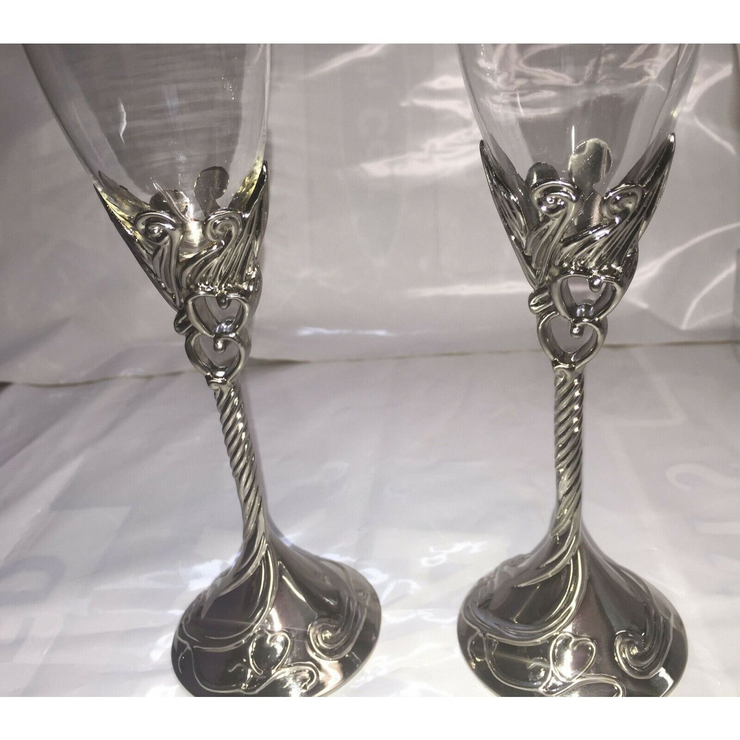 Pair WEDDING Toasting Flutes w Hearts Silver Base Etched 'R' & 'H'