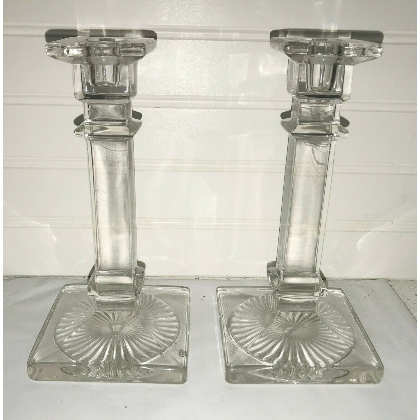 Pair of Column Style Clear GLASS CANDLESTICK HOLDERS Burst Design