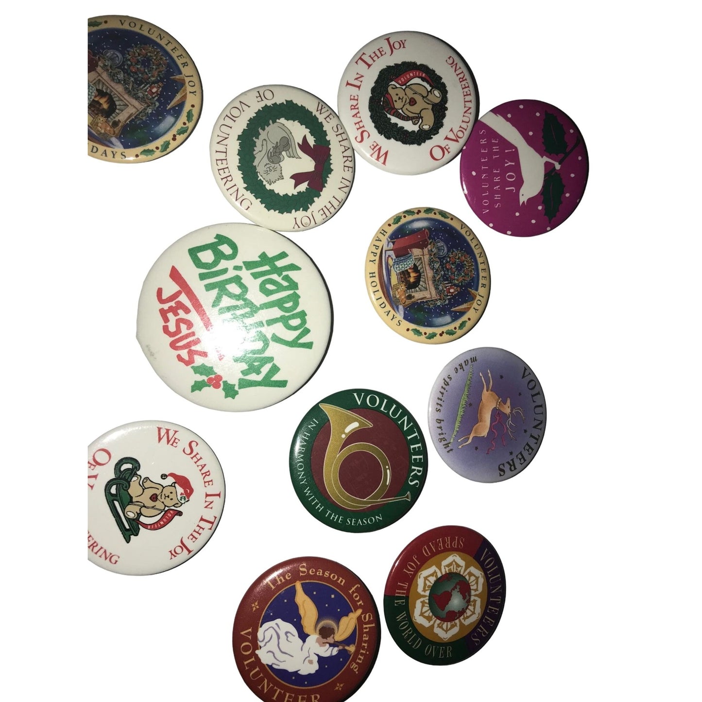 Vintage Christmas / Holidays Conversation / Button Pins Xmas Volunteering & Happy Birthday Jesus