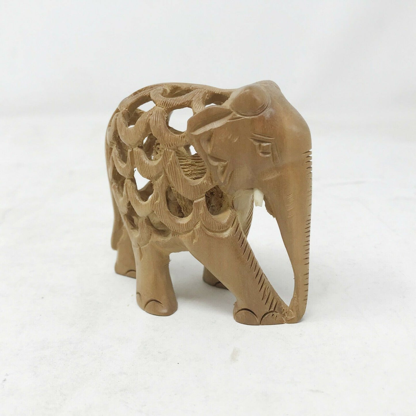 Wooden Hand Carved Elephant with Baby in Lattice Work Stomach