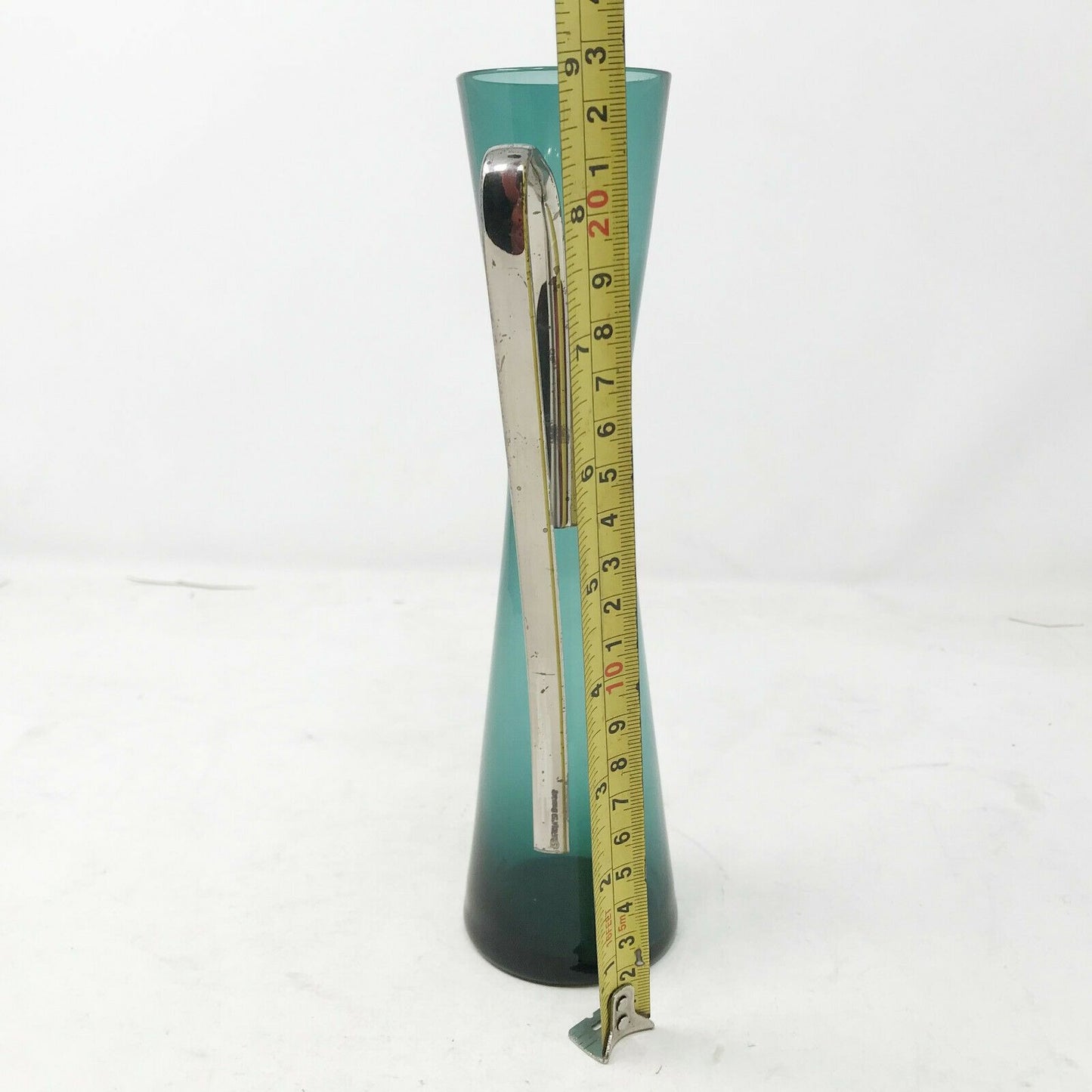 UNIQUE Greenish TEAL Glass PITCHER with Metal Handle Hourglass