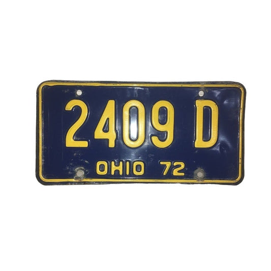 Vintage OHIO 1972 License Plate Blue and Yellow or Gold Accents - good Vintage condition