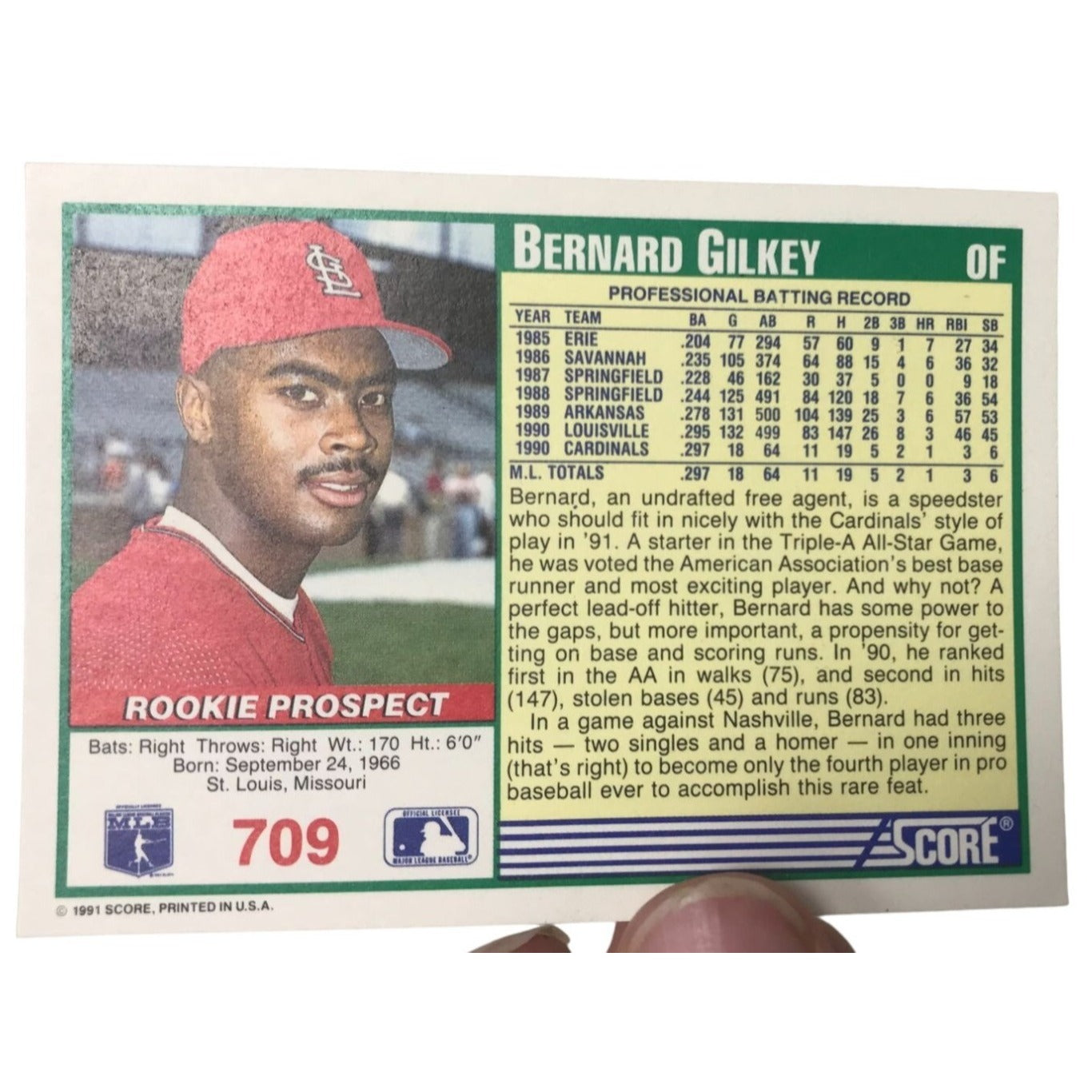 Lot of (9) 1991 Score ROOKIE PROSPECT Bernard Gilkey Card No. 709