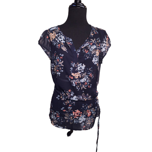 A New Approach (a.n.a.) Womens Blouse Blue awith Floral Print - Size PM Petite Medium