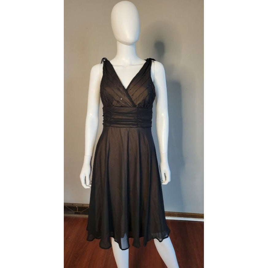 Connected Women's Black Cocktail Dress - Sheer black over nude bodice/ liner - Size 8 Petite - sequin accents on top half of dress Evening D