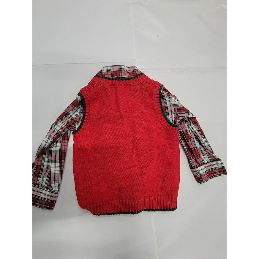 Good Lad Christmas Sweatervest with plaid shirt (3T) - Moose in scarf on sweater - cute fun holiday set