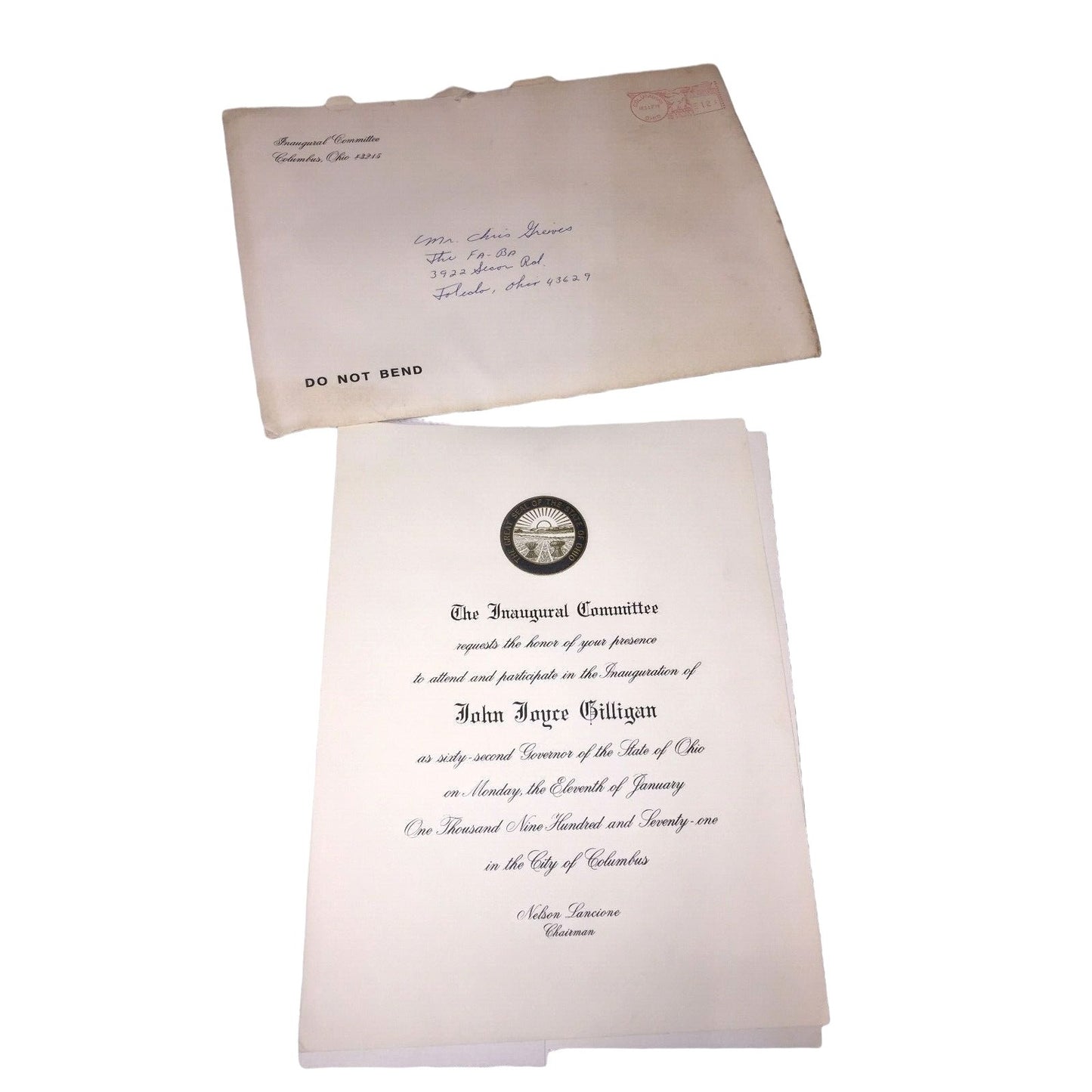 Ohio GOVERNOR John Gilligan OFFICIAL Inaugural Invitation 1970-71 FREE SHIPPING