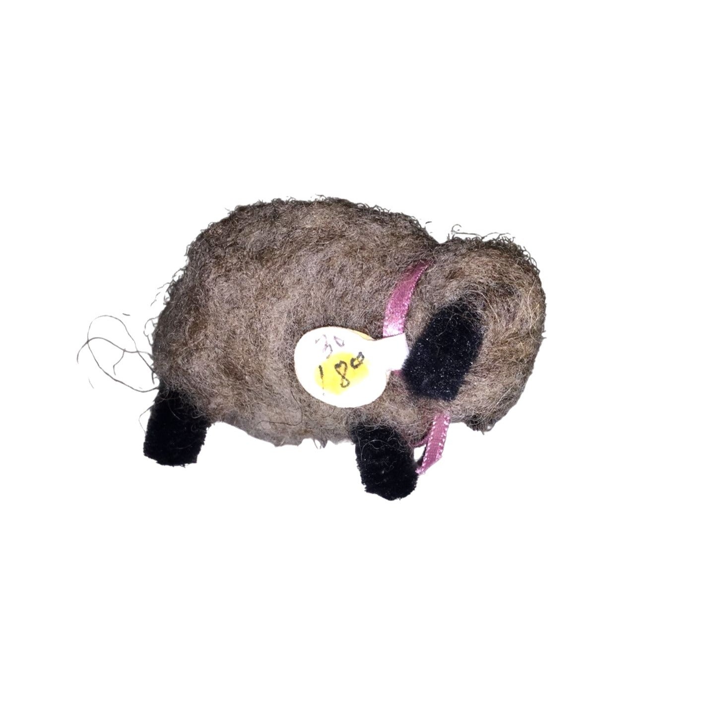 Brownish Dark Wool Sheep with Black Accents - Pink ribbon and bell  Handmade