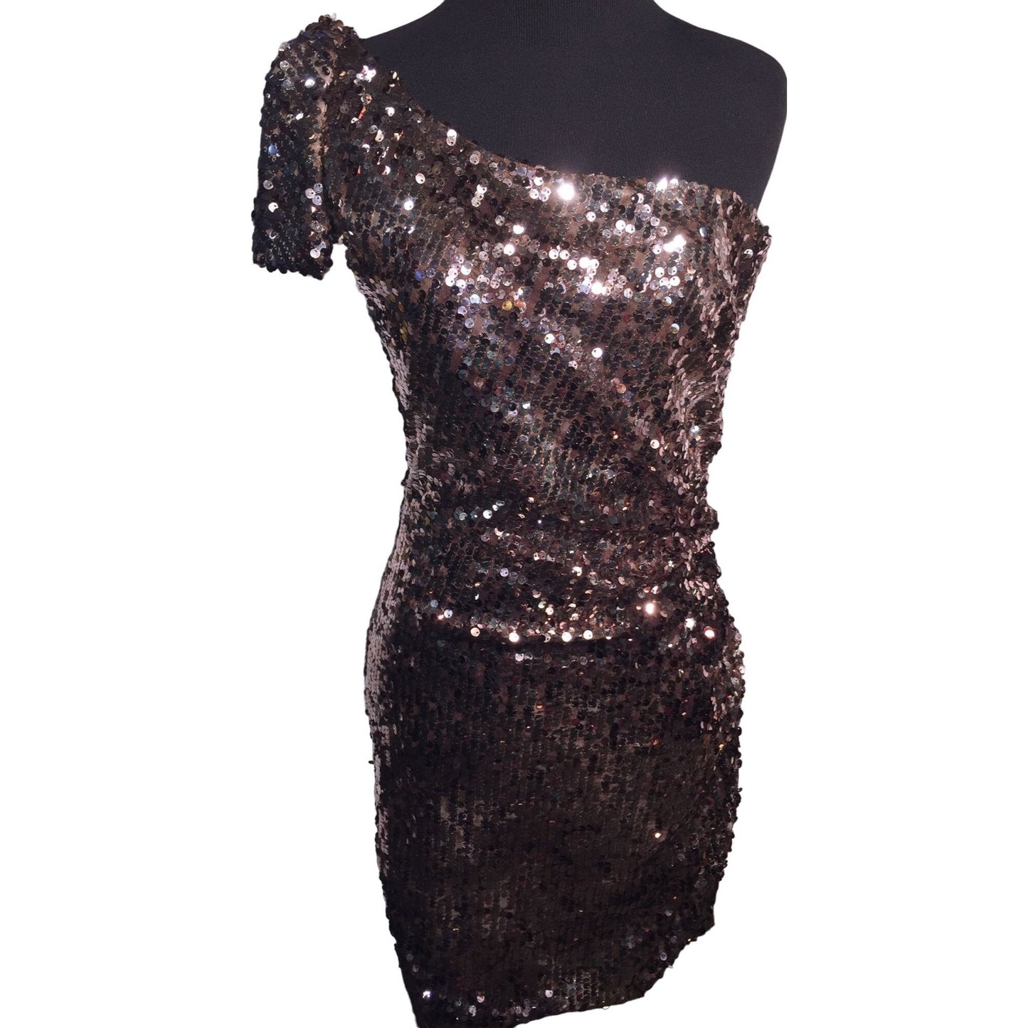 Evening Cocktail Dress - Bronze Tone Sequin one Shoulder Mini Dress Size 7