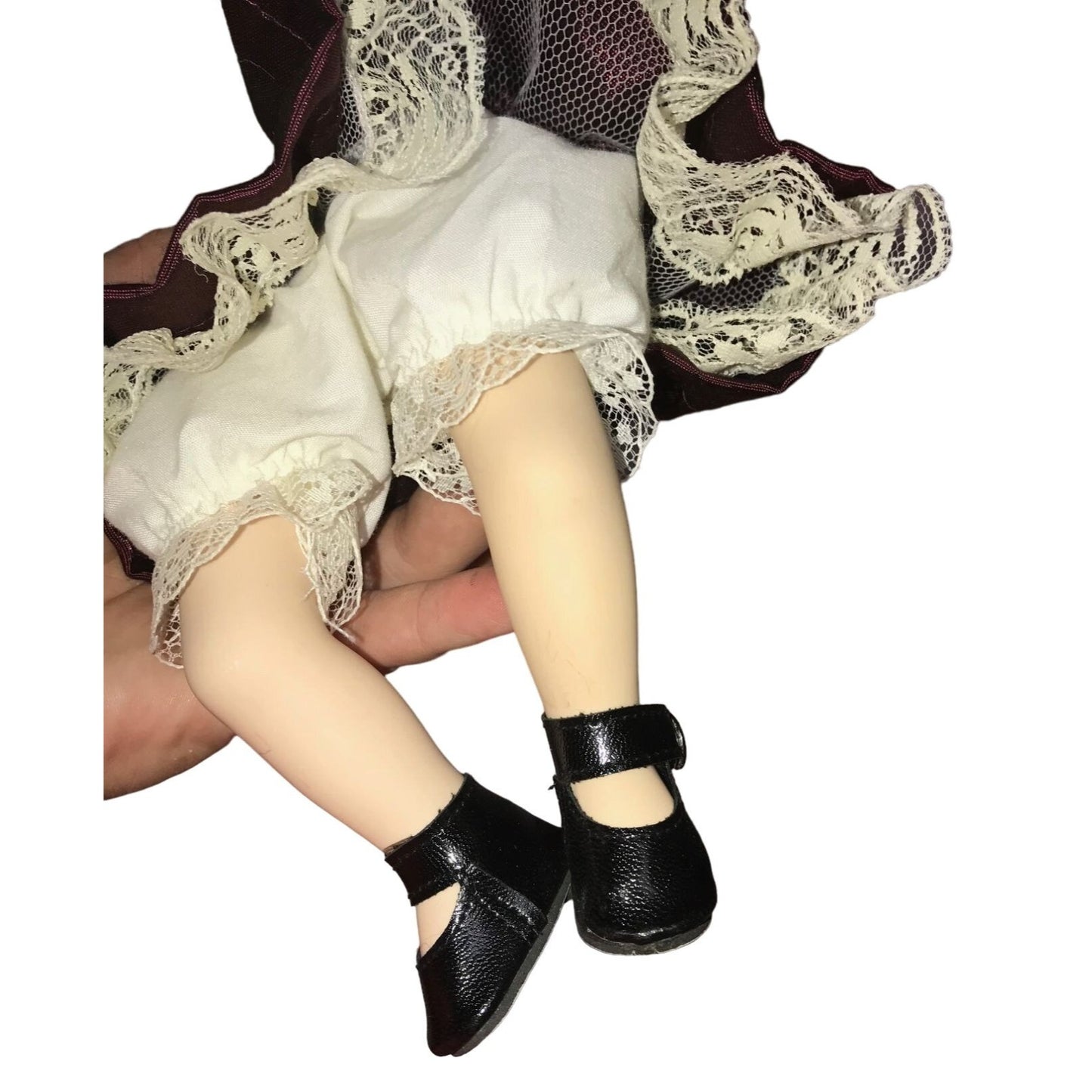 Cute Bright Eyed Brunette Porcelain Doll (Sitting Position) - Burgundy Dress and Mary Jane SHoes