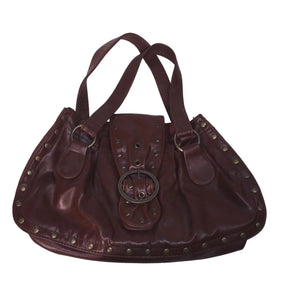 Brown Studded Faux Leather Handbag with Ring Buckle Closure