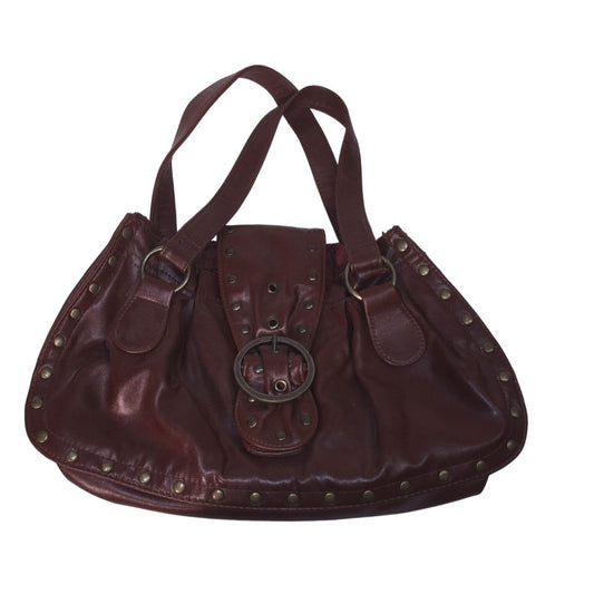 Brown Studded Faux Leather Handbag with Ring Buckle Closure