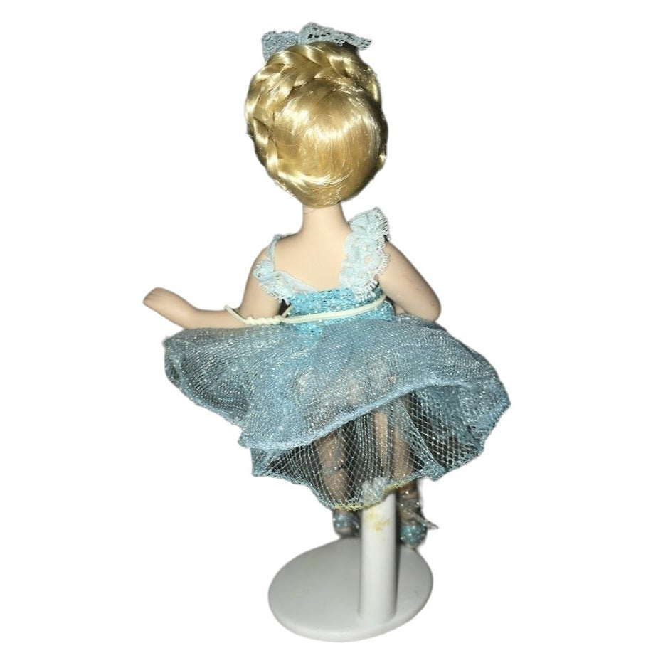 Pretty Ballerina doll in blue tutu bodice and hair decor - with toeshoes and small white stand - petite sweet young dancer piece