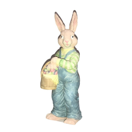 Easter decor - Brown Rabbit Holding Bucket of Easter Eggs (Wearing overalls) - Holiday Decor