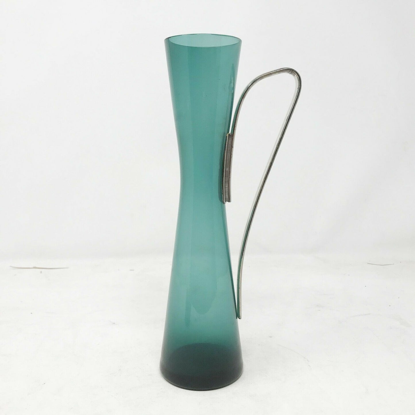 UNIQUE Greenish TEAL Glass PITCHER with Metal Handle Hourglass