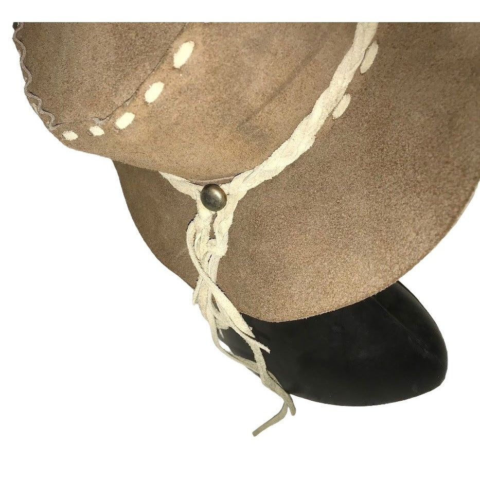 Suede Cowboy or Adventurer Hat - Light brown/tan and beige - Large suede strip seams and braided suede band. Unsure of size