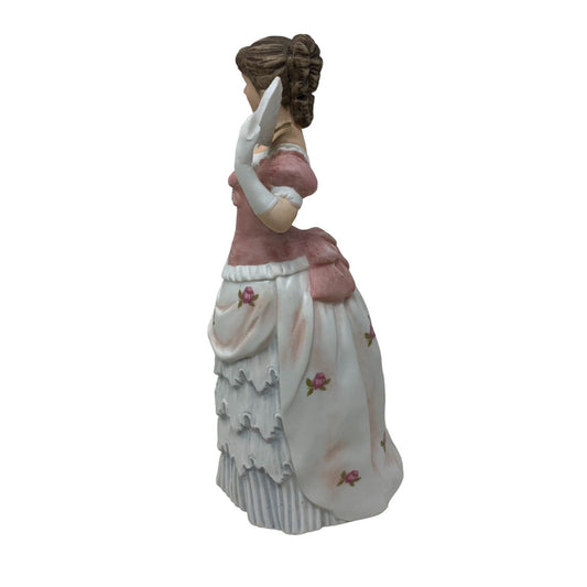 Victorian Woman with Fan "Shall We Dance?" Brown Hair with Pink and White Dress 8" Tall