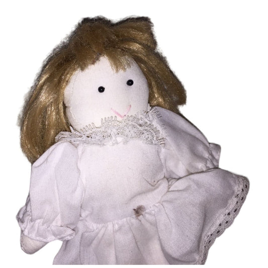 Small Companion Doll for a Larger Collectible Doll Ash Blonde Hair and white lace trimmed dress