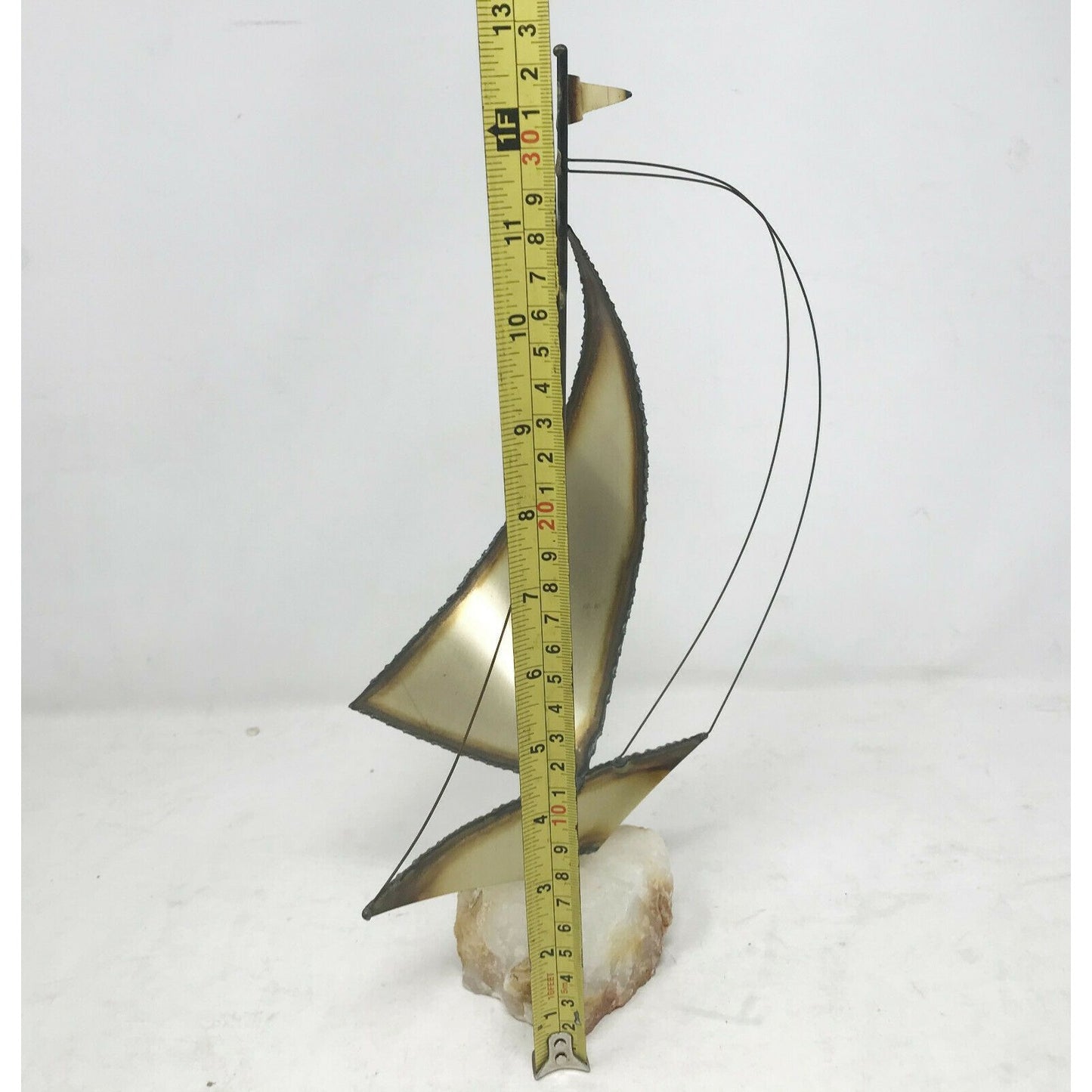 Mid-Century MODERN Brass SAILBOAT Sculpture QUARTZ Base SIGNED