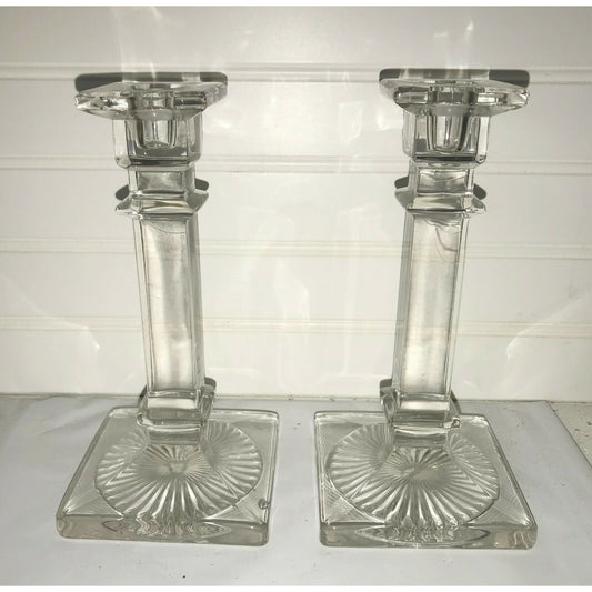 Pair of Column Style Clear GLASS CANDLESTICK HOLDERS Burst Design