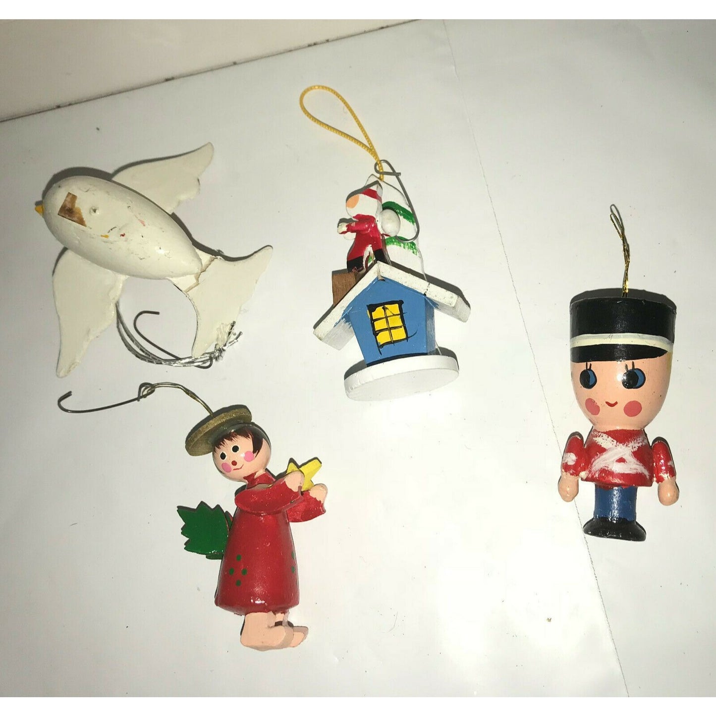 Vintage Wooden CHRISTMAS TREE Ornaments Angel Soldier, House Bird