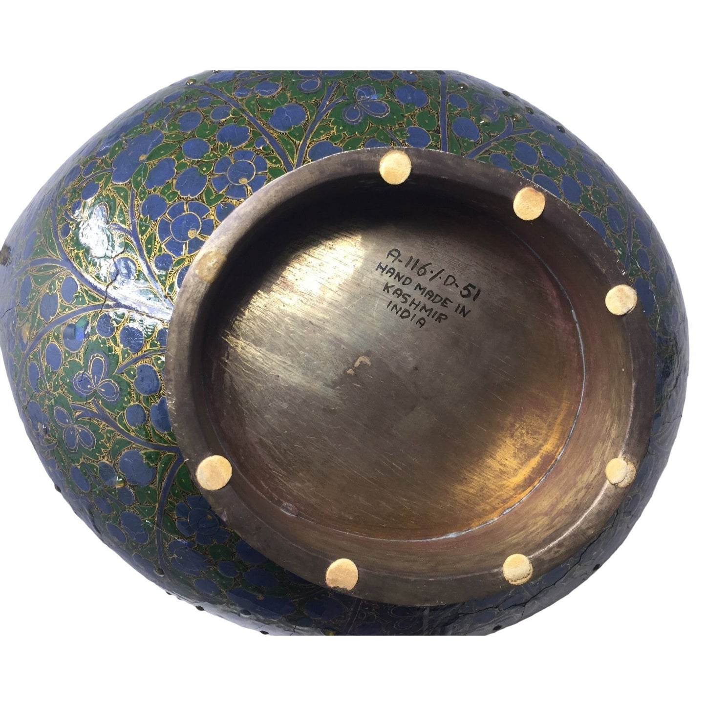 Large Vintage Kashmiri Beggars Bowl made in Kashmir India - Beautiful Blue Green Design